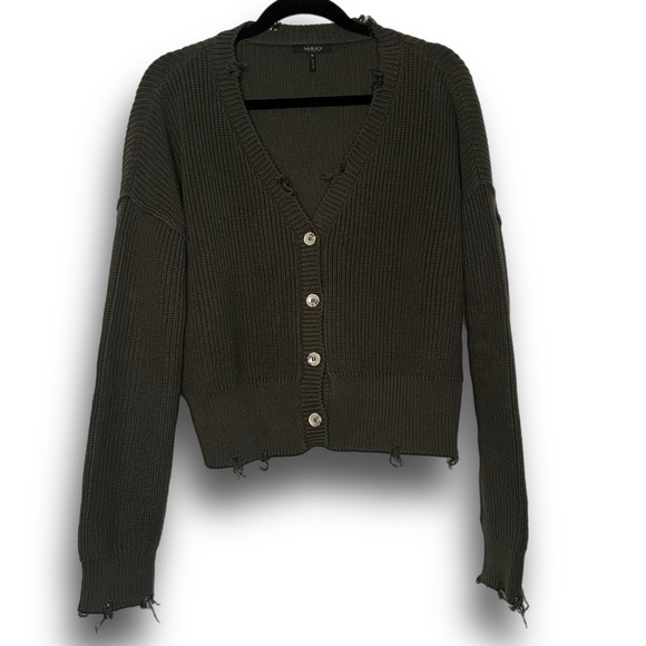 BOBI distressed button front cardigan in army - Picture 2 of 3